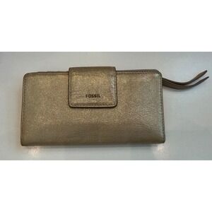 Fossil Logan Bifold Wallet Metallic Champagne Goat Leather Clutch SL7828